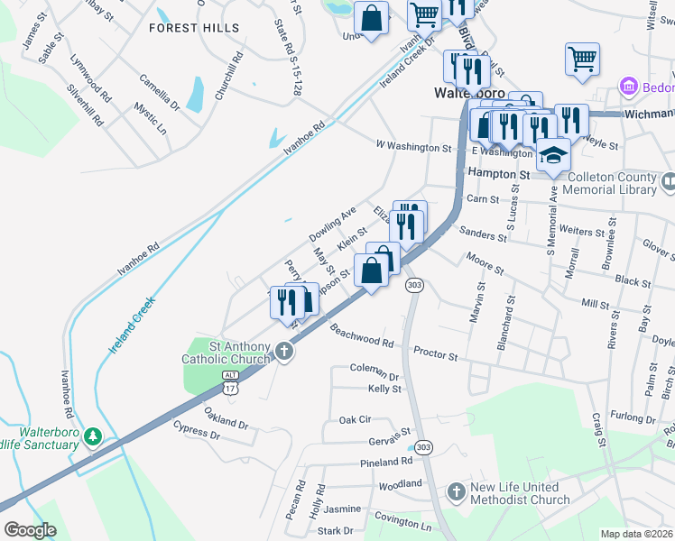 map of restaurants, bars, coffee shops, grocery stores, and more near 206 May Street in Walterboro