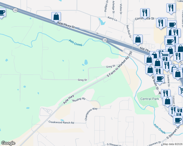 map of restaurants, bars, coffee shops, grocery stores, and more near 1019 Greg Street in Weatherford