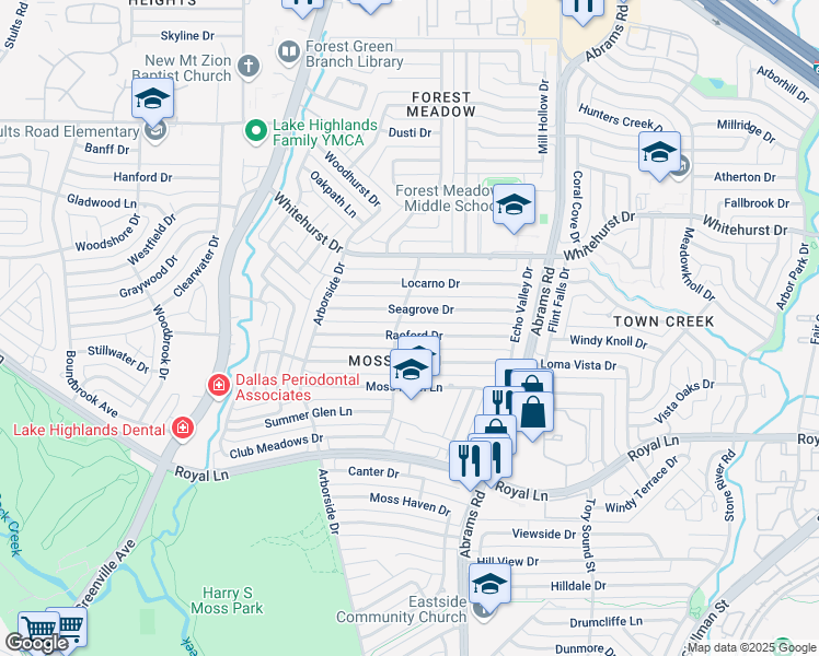 map of restaurants, bars, coffee shops, grocery stores, and more near 9205 Raeford Drive in Dallas