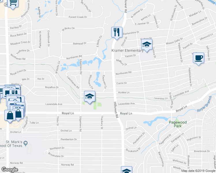 map of restaurants, bars, coffee shops, grocery stores, and more near 11024 Eastview Circle in Dallas