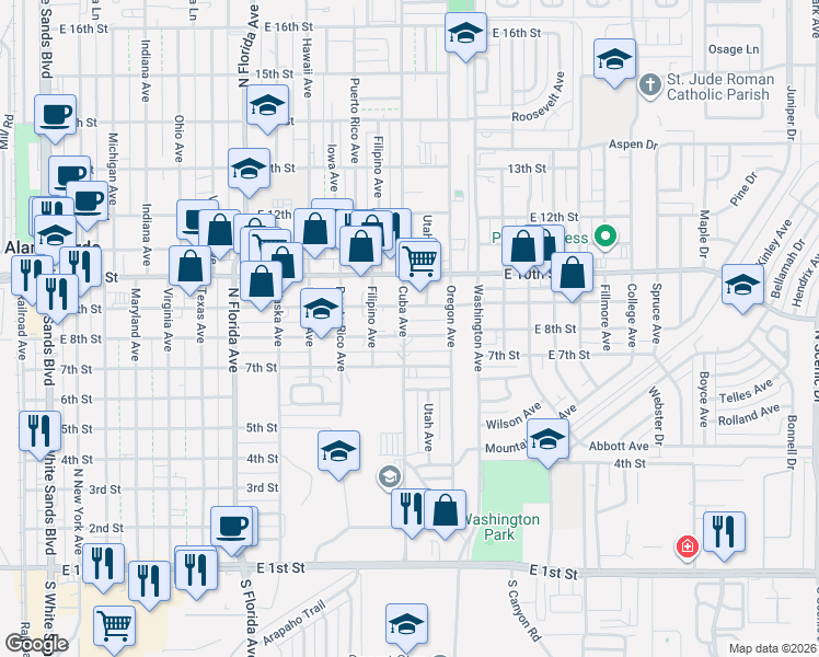 map of restaurants, bars, coffee shops, grocery stores, and more near 1211 East 8th Street in Alamogordo
