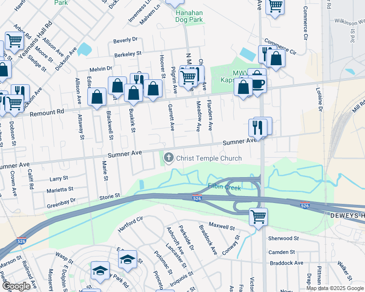 map of restaurants, bars, coffee shops, grocery stores, and more near 1270 Sumner Avenue in North Charleston
