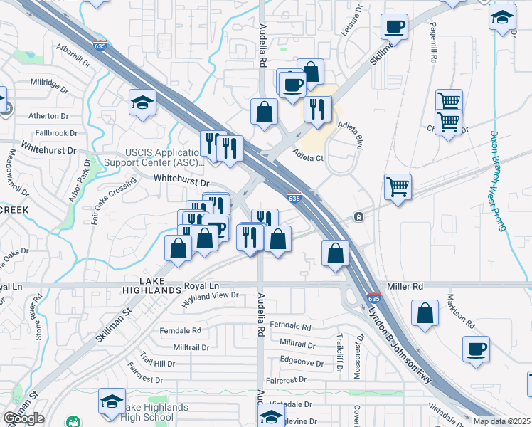 map of restaurants, bars, coffee shops, grocery stores, and more near 10956 Audelia Road in Dallas