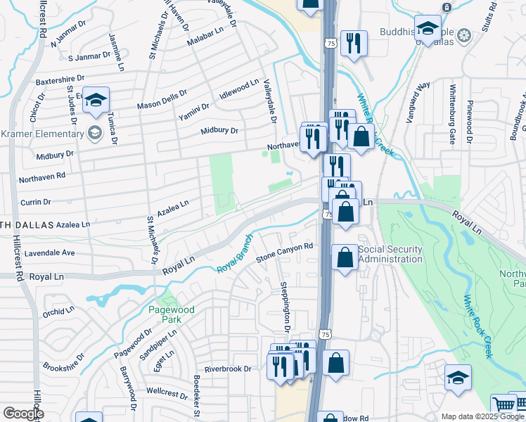 map of restaurants, bars, coffee shops, grocery stores, and more near 7720 Royal Lane in Dallas