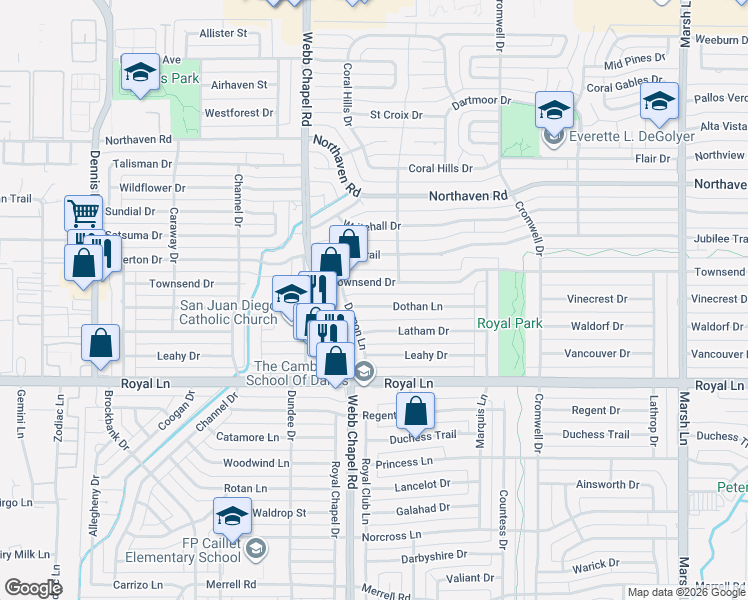 map of restaurants, bars, coffee shops, grocery stores, and more near 3215 Dothan Lane in Dallas