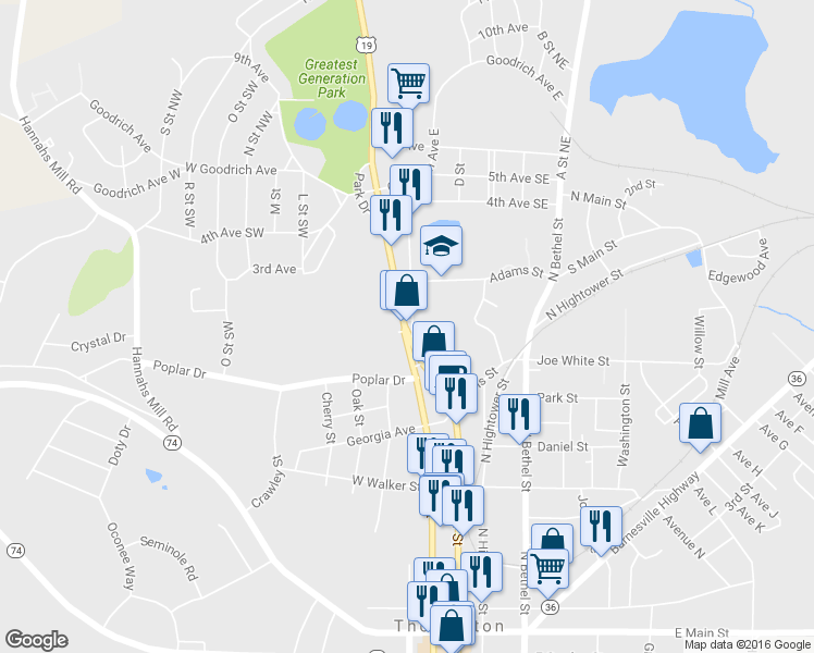 map of restaurants, bars, coffee shops, grocery stores, and more near 624 North Church Street in Thomaston