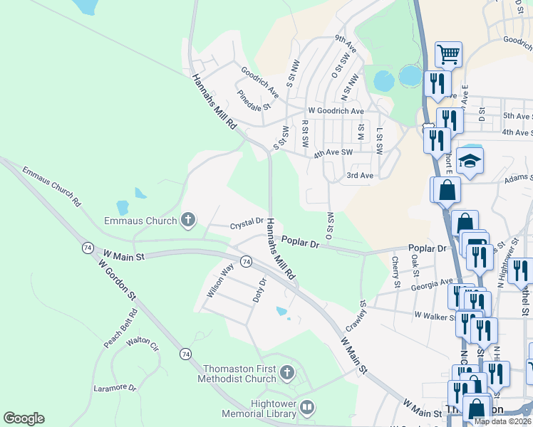 map of restaurants, bars, coffee shops, grocery stores, and more near 900 Crystal Drive in Thomaston