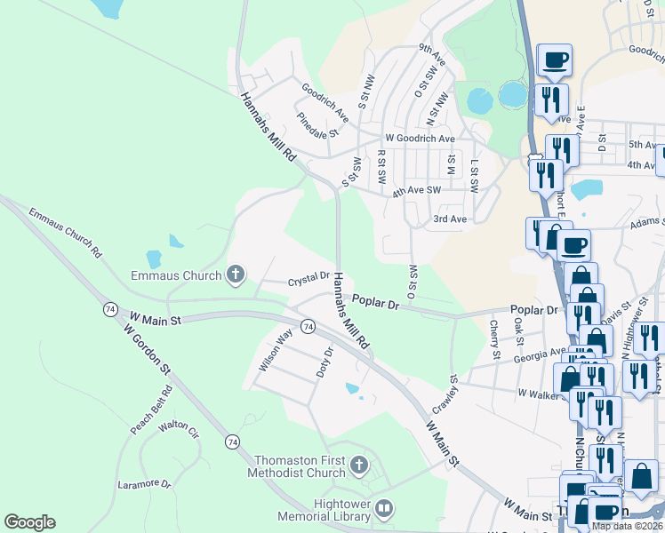 map of restaurants, bars, coffee shops, grocery stores, and more near 900 Crystal Drive in Thomaston