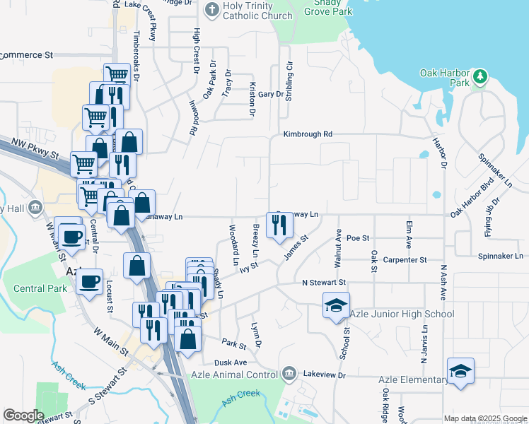 map of restaurants, bars, coffee shops, grocery stores, and more near 617 Dunaway Lane in Azle