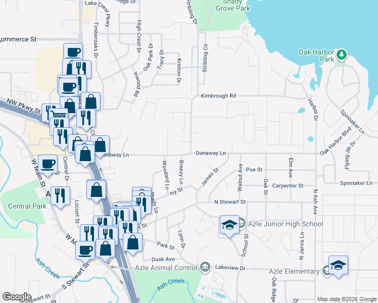 map of restaurants, bars, coffee shops, grocery stores, and more near 617 Dunaway Lane in Azle