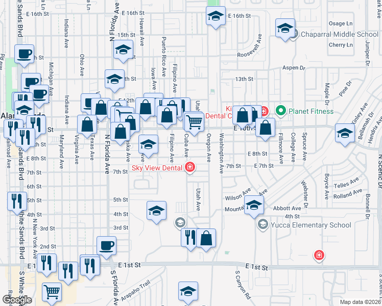 map of restaurants, bars, coffee shops, grocery stores, and more near 1211 East 8th Street in Alamogordo
