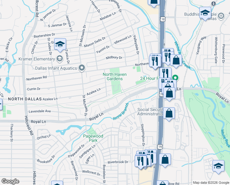 map of restaurants, bars, coffee shops, grocery stores, and more near 7744 Verbena Court in Dallas