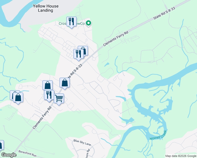 map of restaurants, bars, coffee shops, grocery stores, and more near 307 Morning Marsh Ln in Charleston