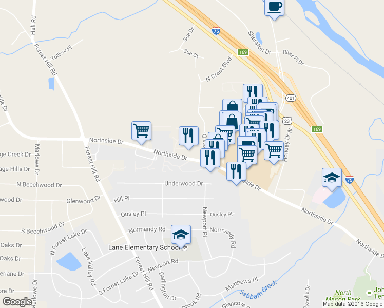 map of restaurants, bars, coffee shops, grocery stores, and more near 3800 Northside Drive in Macon