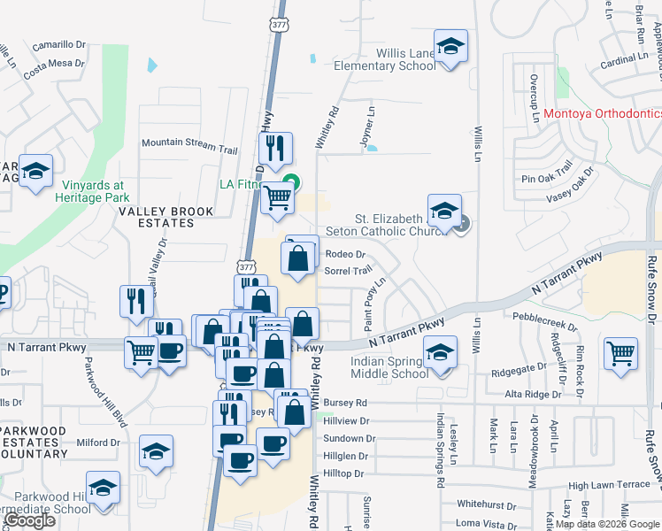 map of restaurants, bars, coffee shops, grocery stores, and more near 207 Sorrel Trail in Keller