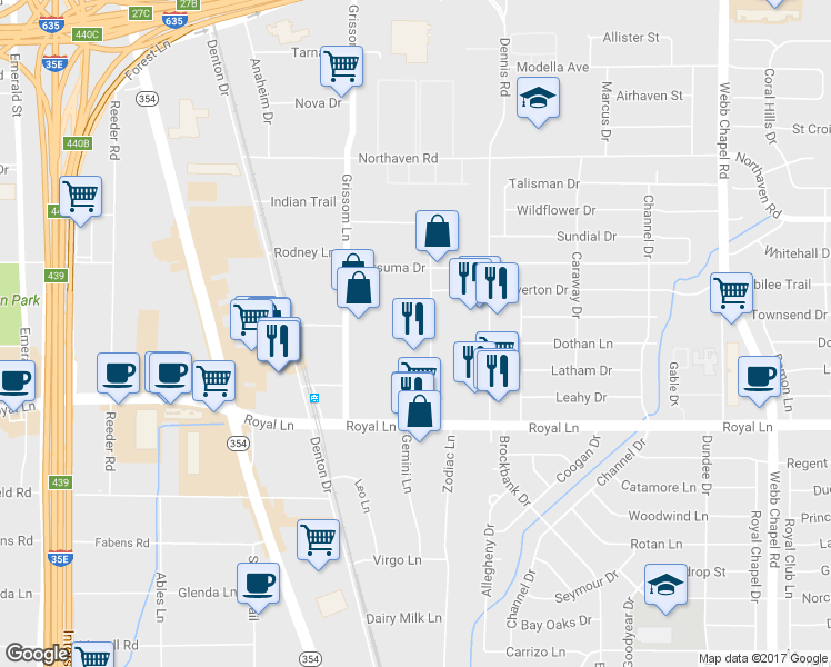 map of restaurants, bars, coffee shops, grocery stores, and more near 11005 Indian Trail in Dallas