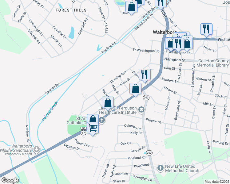 map of restaurants, bars, coffee shops, grocery stores, and more near 206 May Street in Walterboro