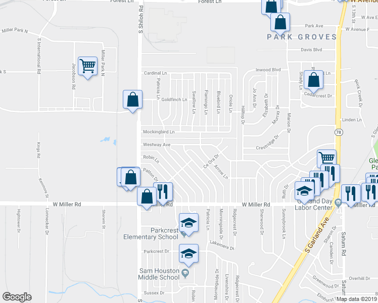 map of restaurants, bars, coffee shops, grocery stores, and more near 1708 Morningside Drive in Garland