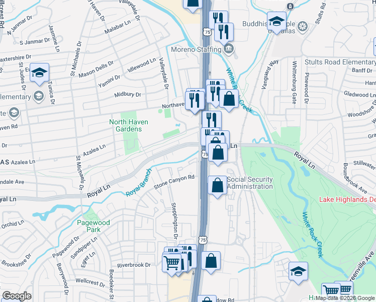 map of restaurants, bars, coffee shops, grocery stores, and more near 7928 Royal Lane in Dallas
