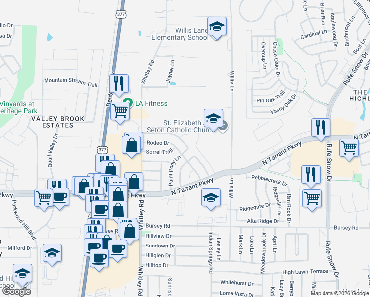map of restaurants, bars, coffee shops, grocery stores, and more near 252 Stallion Drive in Keller