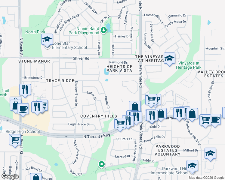 map of restaurants, bars, coffee shops, grocery stores, and more near 8636 Scenic Green Circle in Keller