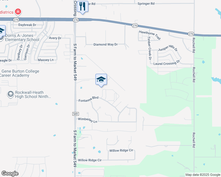 map of restaurants, bars, coffee shops, grocery stores, and more near 3130 Fontanna Boulevard in Rockwall