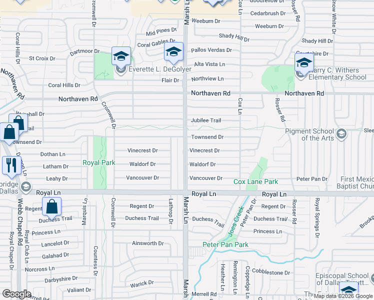 map of restaurants, bars, coffee shops, grocery stores, and more near 3707 Vinecrest Drive in Dallas