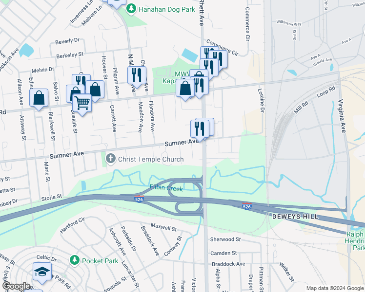 map of restaurants, bars, coffee shops, grocery stores, and more near 5466 Annette Street in North Charleston
