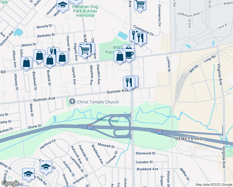 map of restaurants, bars, coffee shops, grocery stores, and more near 5466 Annette Street in North Charleston