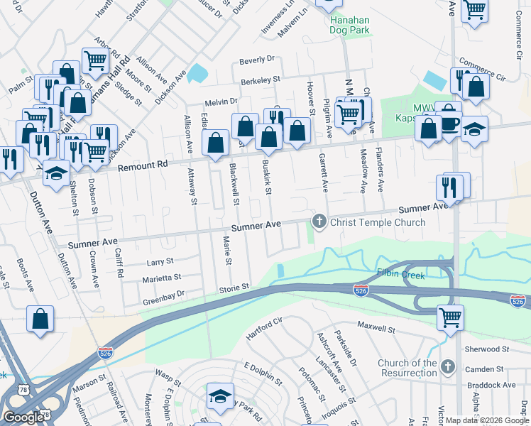 map of restaurants, bars, coffee shops, grocery stores, and more near 5508 Buskirk Avenue in North Charleston