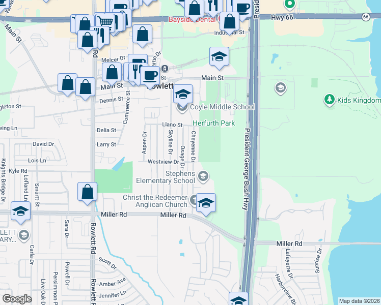 map of restaurants, bars, coffee shops, grocery stores, and more near 4110 Cheyenne Drive in Rowlett