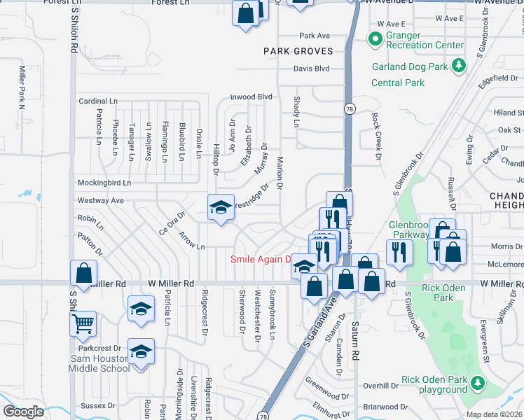 map of restaurants, bars, coffee shops, grocery stores, and more near 1713 Oldgate Lane in Garland