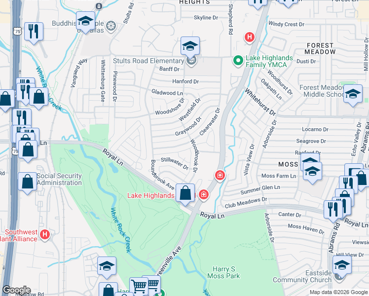 map of restaurants, bars, coffee shops, grocery stores, and more near 8922 Clearwater Drive in Dallas