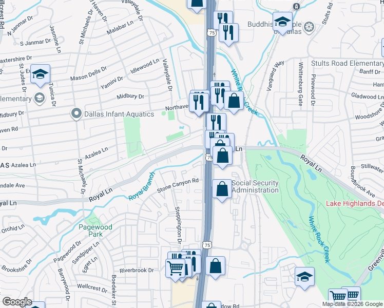 map of restaurants, bars, coffee shops, grocery stores, and more near 7928 Royal Lane in Dallas