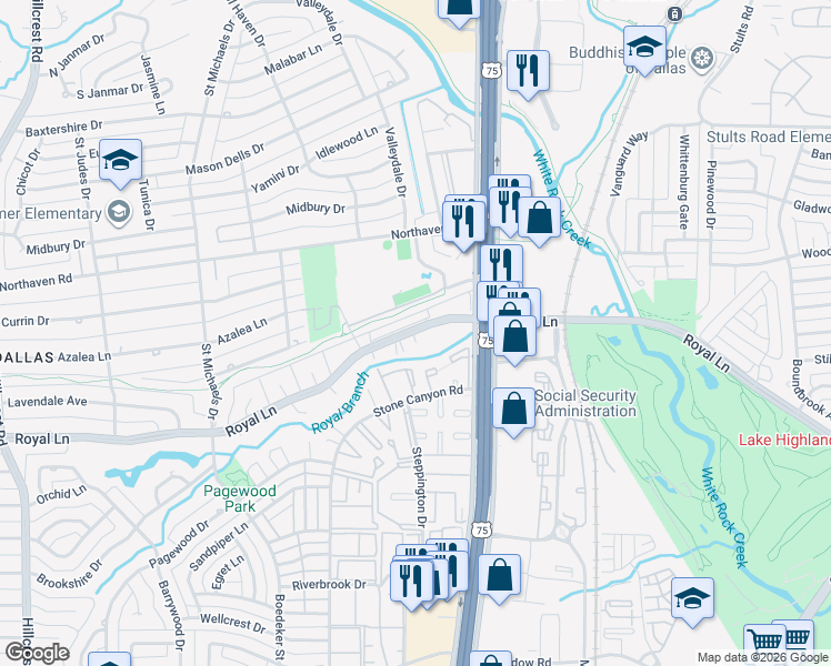 map of restaurants, bars, coffee shops, grocery stores, and more near 7720 Royal Lane in Dallas