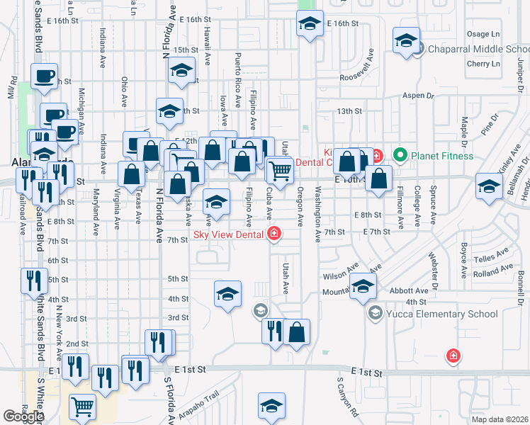 map of restaurants, bars, coffee shops, grocery stores, and more near 1211 East 8th Street in Alamogordo