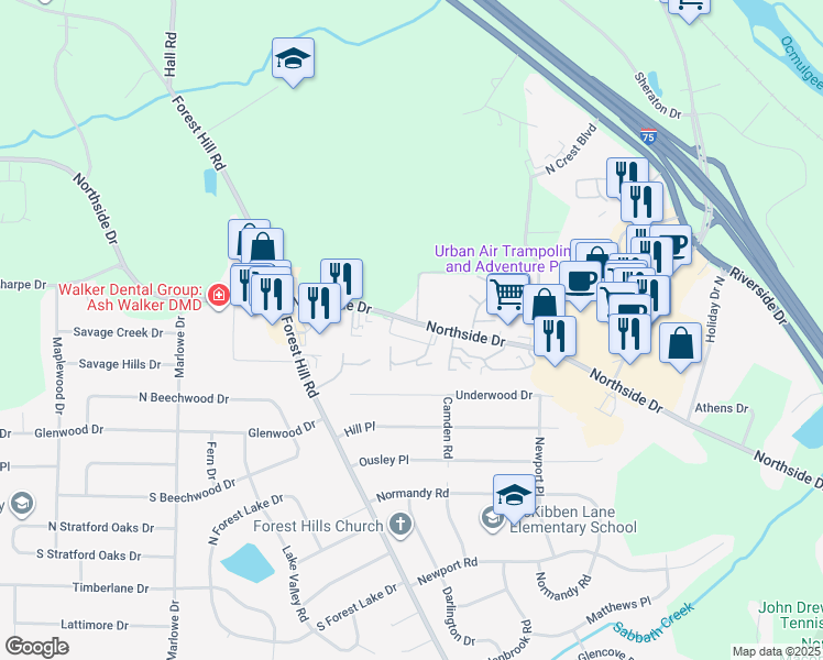 map of restaurants, bars, coffee shops, grocery stores, and more near 3902 Northside Drive in Macon