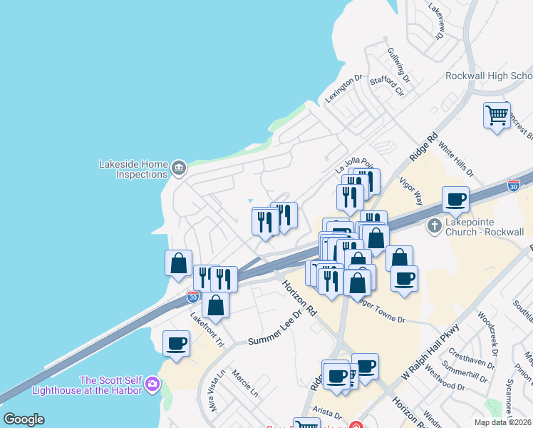 map of restaurants, bars, coffee shops, grocery stores, and more near 3417 Augusta Boulevard in Rockwall