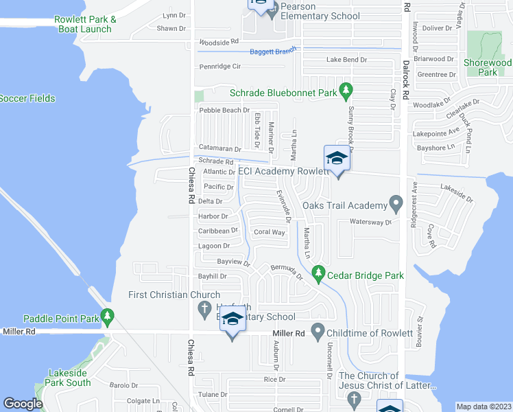 map of restaurants, bars, coffee shops, grocery stores, and more near 7618 Harbor Drive in Rowlett