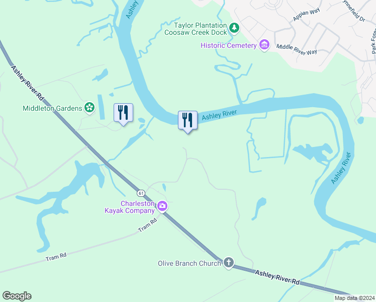map of restaurants, bars, coffee shops, grocery stores, and more near 4290 Ashley River Road in Charleston