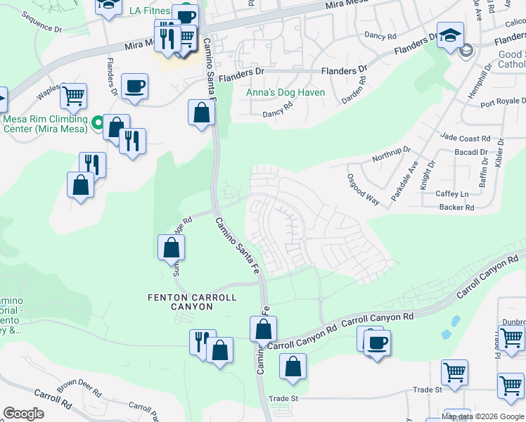 map of restaurants, bars, coffee shops, grocery stores, and more near 10501 Coupland Way in San Diego
