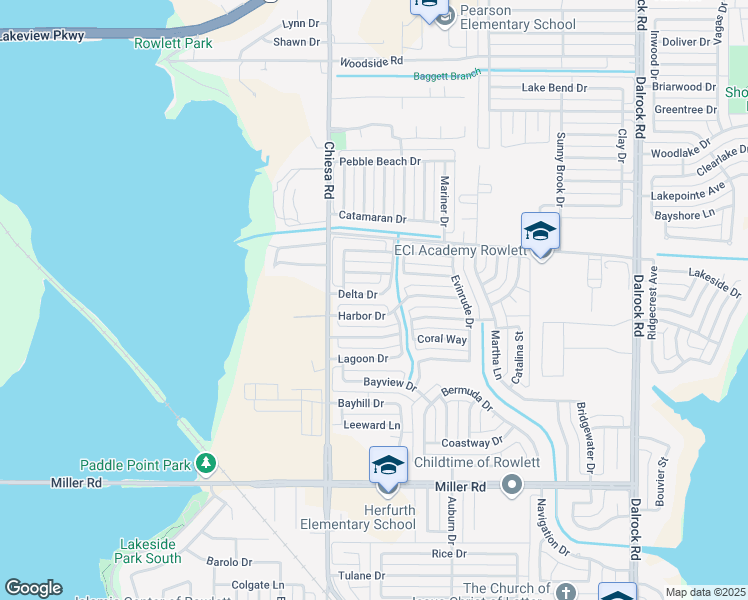 map of restaurants, bars, coffee shops, grocery stores, and more near 7502 Delta Drive in Rowlett