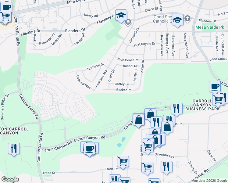 map of restaurants, bars, coffee shops, grocery stores, and more near 7725 Backer Road in San Diego