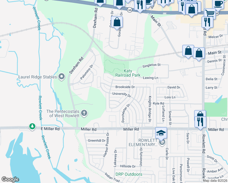 map of restaurants, bars, coffee shops, grocery stores, and more near 2310 University Drive in Rowlett