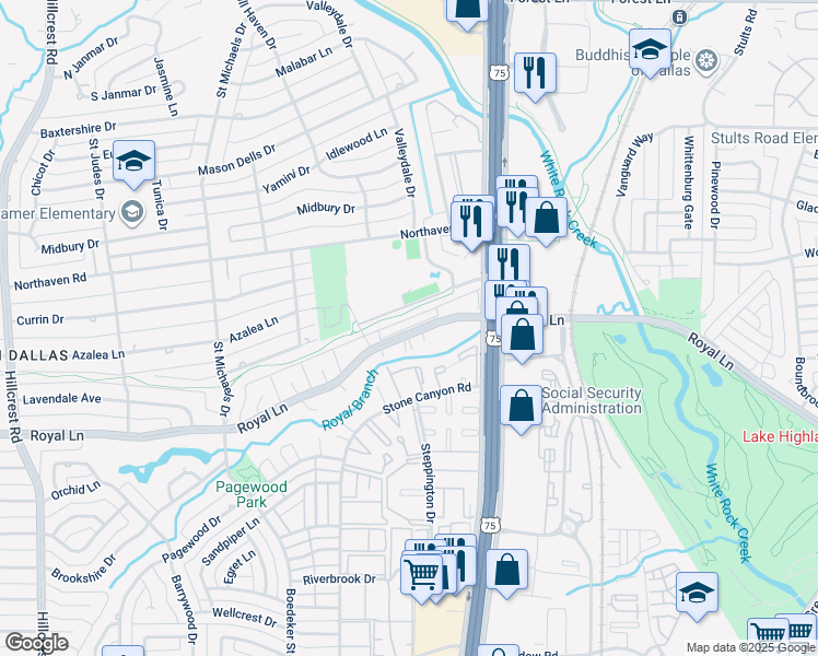 map of restaurants, bars, coffee shops, grocery stores, and more near 7720 Royal Lane in Dallas