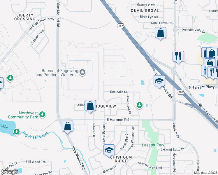 map of restaurants, bars, coffee shops, grocery stores, and more near 1225 Realoaks Drive in Fort Worth