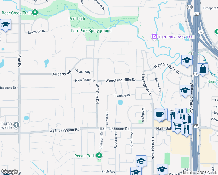 map of restaurants, bars, coffee shops, grocery stores, and more near 3513 Fieldwood Court in Grapevine