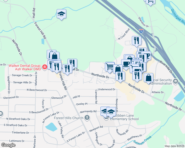 map of restaurants, bars, coffee shops, grocery stores, and more near 3888 Northside Drive in Macon
