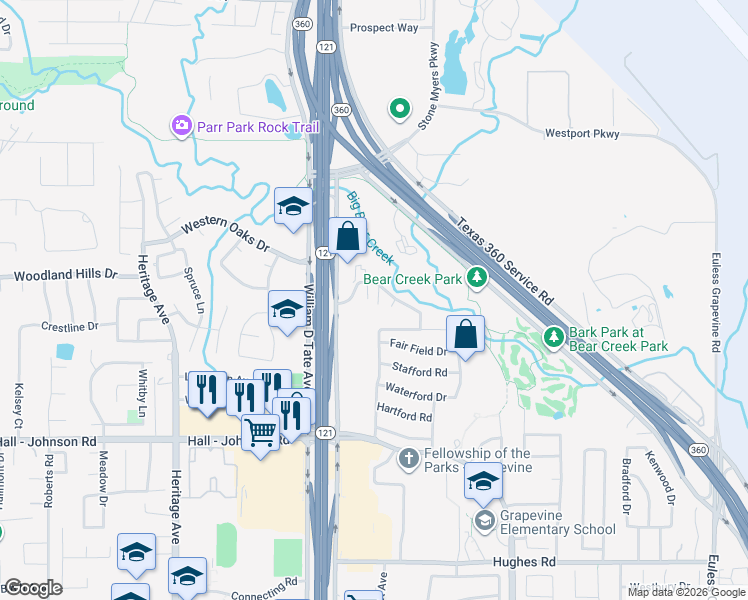 map of restaurants, bars, coffee shops, grocery stores, and more near 3606 Park Court in Grapevine