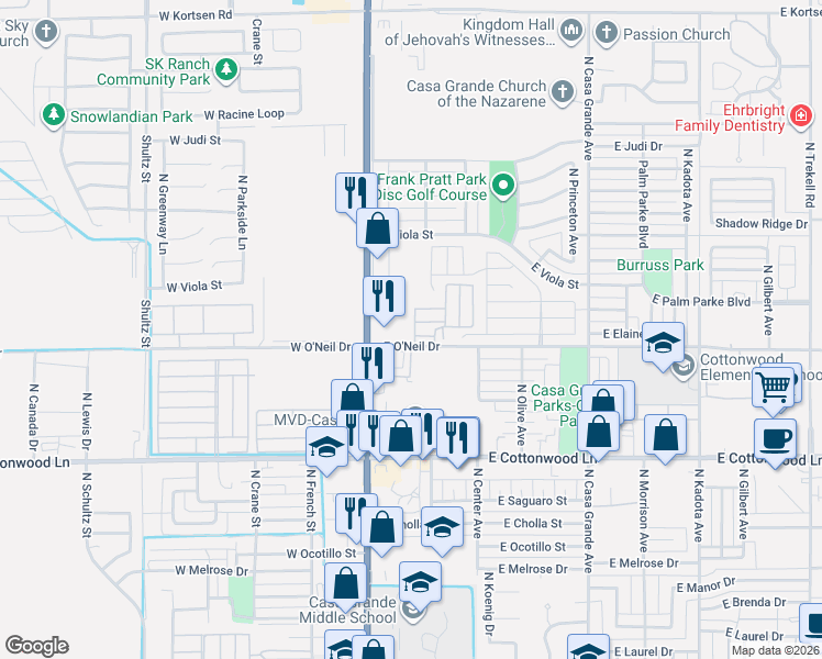 map of restaurants, bars, coffee shops, grocery stores, and more near 120 West O'Neil Drive in Casa Grande